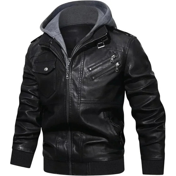 Men’s Stand Collar PU Faux Leather  Zipper Motorcycle Bomber Jacket - Picture 2 of 7